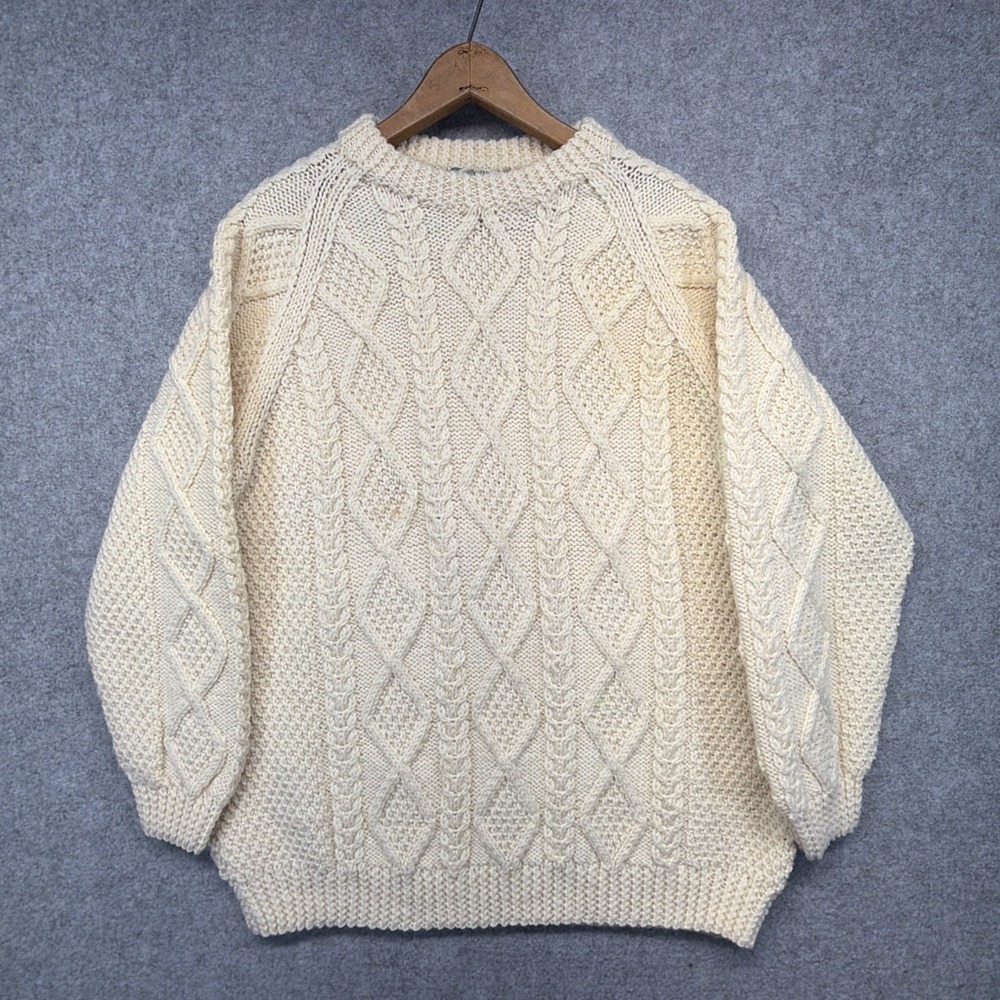 Quill's Woollen Market Mens Cream Pullover Sweater Size Large Fisherman Aran